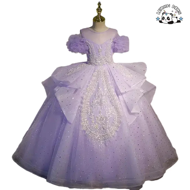 LEZONKIDS - Tulle Dress Ball Gown Sequined Beaded Pearl Glitter High Craft Tulle Prom Dress Birthday Party Piano Performance Girl Dress